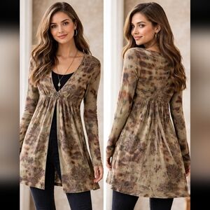 Boho Tie Dye Empire Waist Tunic Cardigan | Elastic Back | Small